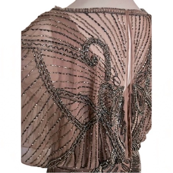 1920s Flapper Aidan Mattox 2 Tan Beaded Sheer Illusion Nude Designer Extra Smsll - Picture 3 of 12